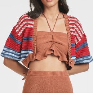 Sachin + Babi Striped Red and Blue Cropped Penny Cardigan Size XL NWT